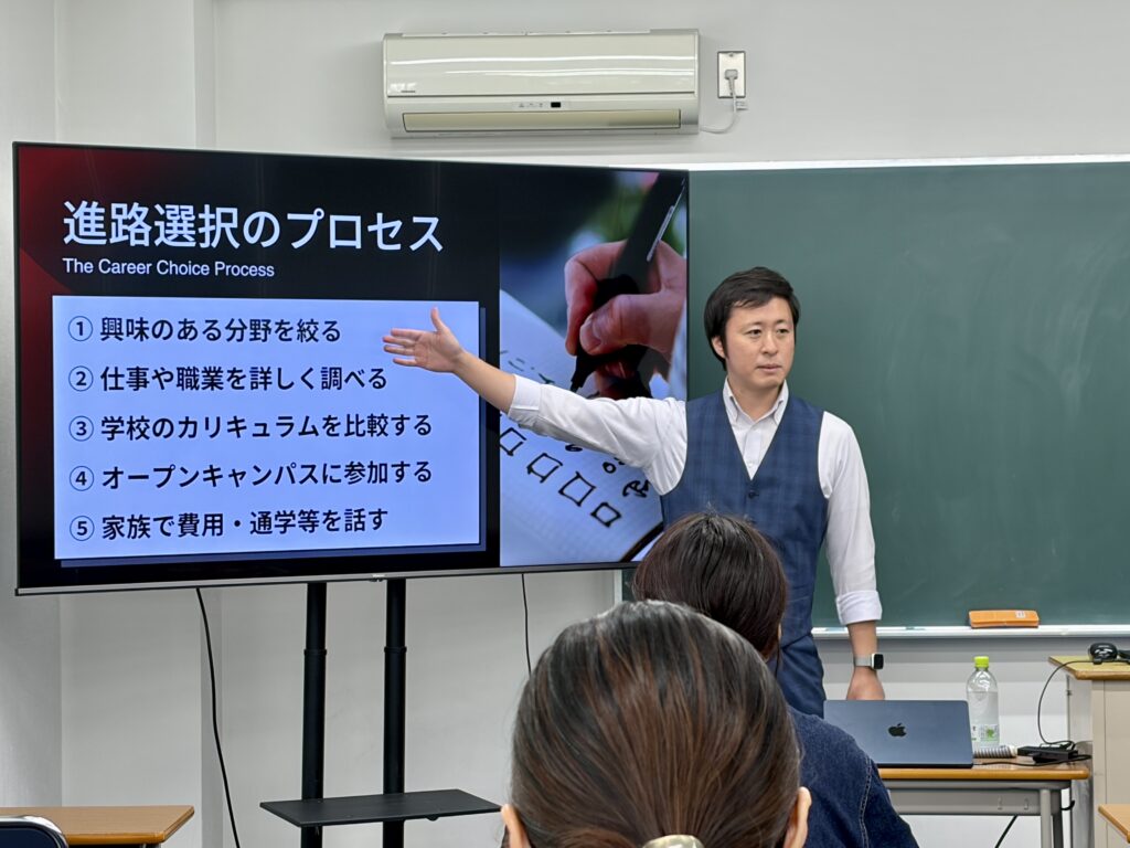 わせがく高等学校の2年生保護者会で進路選択のプロセスを説明している様子